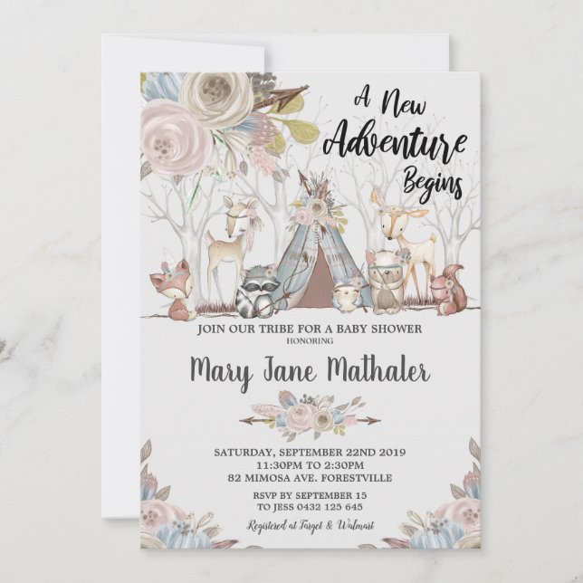 Tribal Woodland Animals Baby Shower Flicka Inbjudningar (Framsida)