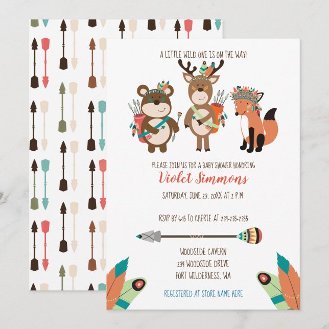 Tribal Woodland Animals Boho Baby Shower Inbjudan (Fram/baksida)