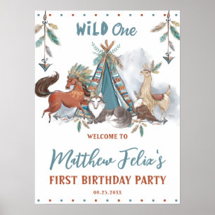 Tribal Woodland Animals Boy 1st Birthday Vild One Poster