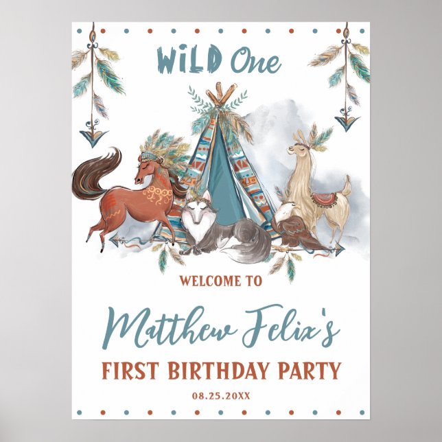 Tribal Woodland Animals Boy 1st Birthday Vild One Poster (Framsidan)