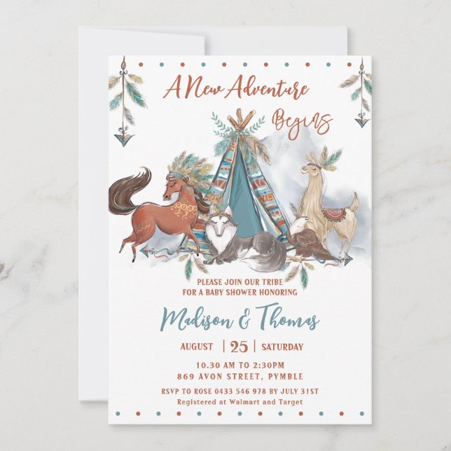 Tribal Woodland Animals Teepee Boy Baby Shower Inbjudningar (Framsida)