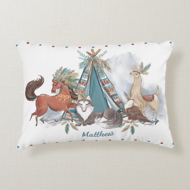 Tribal Woodland Animals Teepee Feathers Arrows Prydnadskudde (Framsidan)