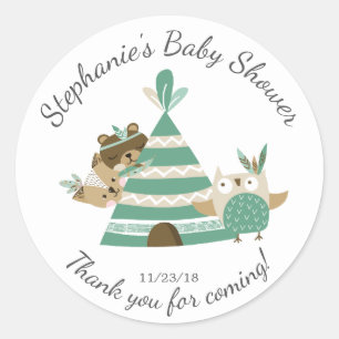 Tribal Woodland Neutralt Baby Shower Favor Sticker Runt Klistermärke