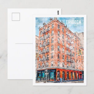 Tribeca New York Berömd Travel Watercolor Sketch Vykort