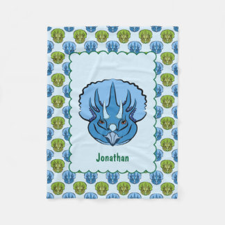 Triceratops Blue och Grönt Cute Dinosaur Mönster Fleecefilt