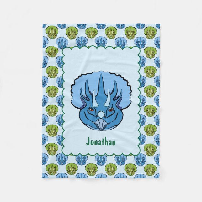Triceratops Blue och Grönt Cute Dinosaur Mönster Fleecefilt (Framsidan)
