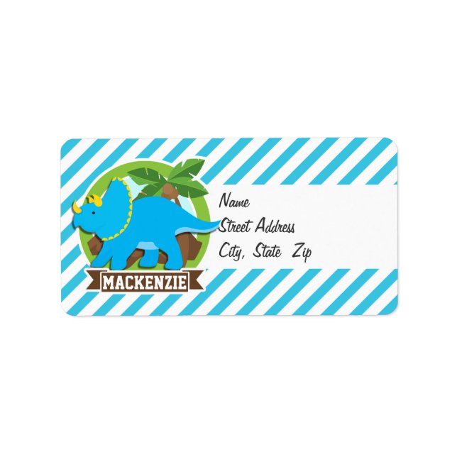 Triceratops Dinosaur, Himlar Blue & White Rand Adressetikett (Framsidan)