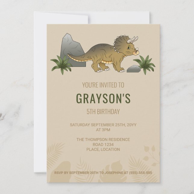 Triceratops Dinosaur Minimalist Beige Födelsedag Inbjudningar (Framsida)