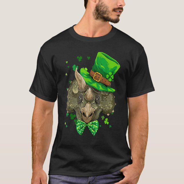 Triceratops Dinosaur St Patrick's Day Leprechaun S T Shirt (Framsida)