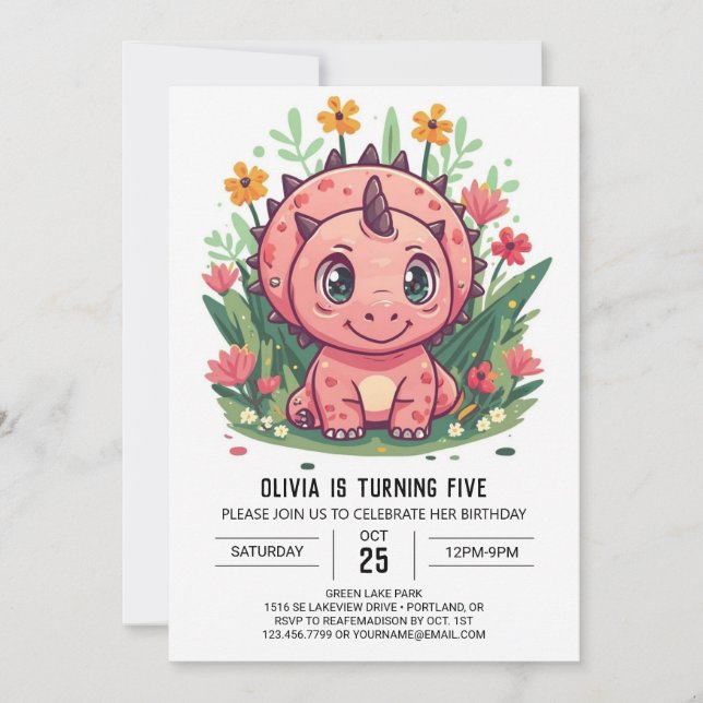 Triceratops Editable Dinosaur Girl Birthday Inbjudningar (Framsida)
