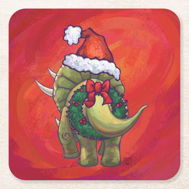 Triceratops jul på Red Underlägg Papper Kvadrat (Framsidan)