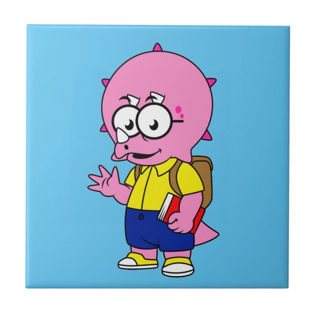 Triceratops med ryggsäck och textbook. kakelplatta (Framsidan)