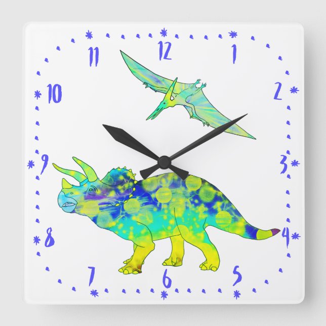 Triceratops Pterodactyl Grönt Psychedelic Dinosaur Fyrkantig Klocka (Framsida)