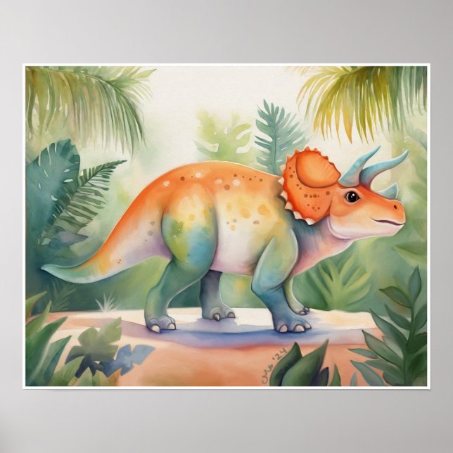 Triceratops Watercolor Nursery Art Poster (Framsidan)