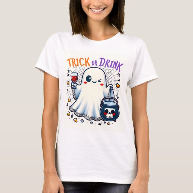 Trick- eller Drink Cute Halloween-design T Shirt (Framsida)
