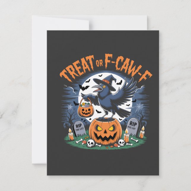 Trick eller F-Caw-f Funny Kråka Halloween Spooky Tack Kort (Framsida)