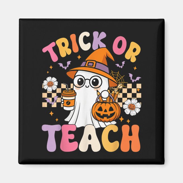Trick eller Teach Cute Ghost Coffee Pumpkins Hallo Magnet (Framsidan)