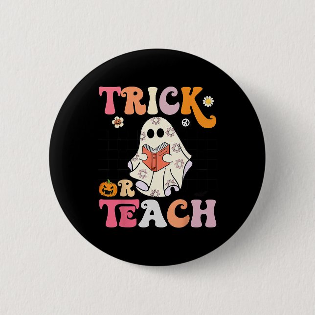 Trick eller Teach Groovy Halloween Retro Blommigt  Knapp (Framsida)