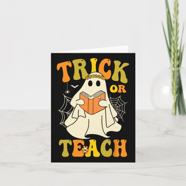 Trick eller Teach Groovy Halloween Retro Blommigt  Kort (Framsida)