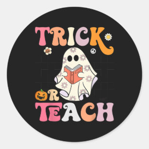 Trick eller Teach Groovy Halloween Retro Blommigt Runt Klistermärke