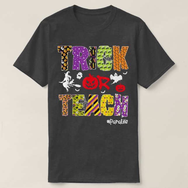 Trick eller Teach Para Life Halloween Pumpkin Skel T Shirt (Design framsida)