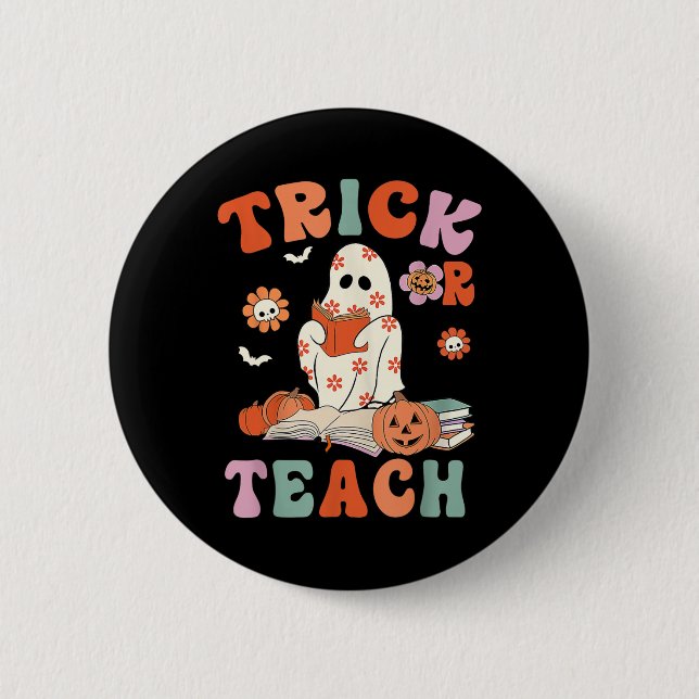 Trick eller Teach Retro Groovy Blommigt Ghost Teac Knapp (Framsida)