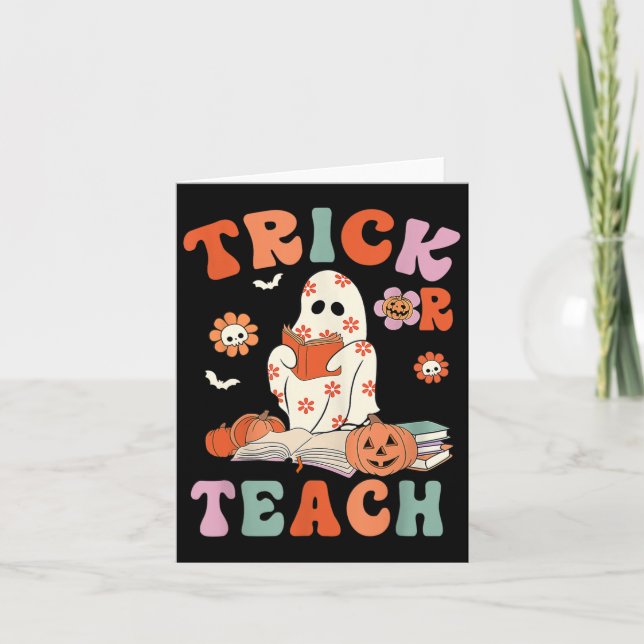 Trick eller Teach Retro Groovy Blommigt Ghost Teac Kort (Framsida)