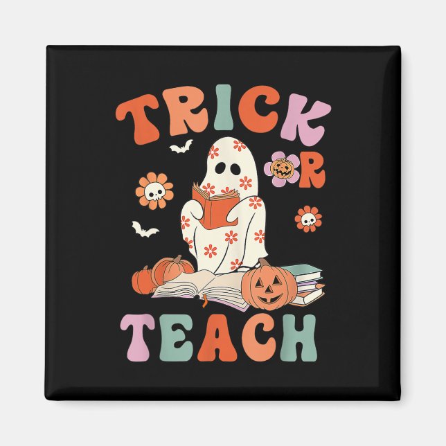 Trick eller Teach Retro Groovy Blommigt Ghost Teac Magnet (Framsidan)