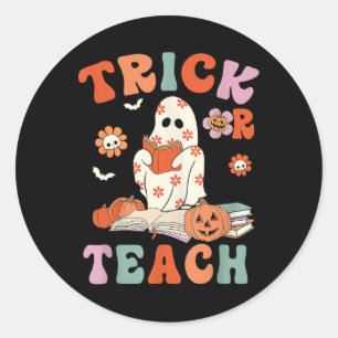 Trick eller Teach Retro Groovy Blommigt Ghost Teac Runt Klistermärke