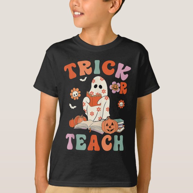 Trick eller Teach Retro Groovy Blommigt Ghost Teac T Shirt (Framsida)