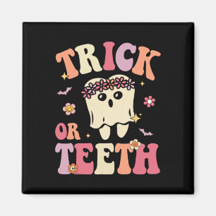 Trick eller Teeth Ghost Groovy Dental Halloween Tr Magnet