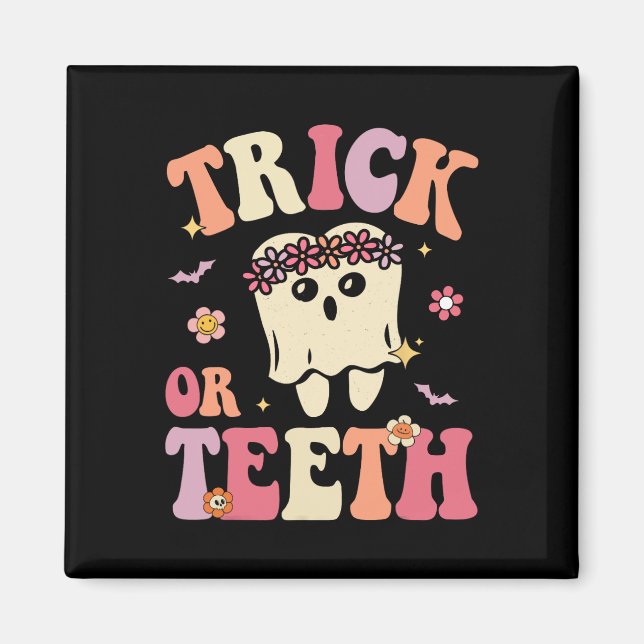 Trick eller Teeth Ghost Groovy Dental Halloween Tr Magnet (Framsidan)