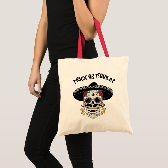 Trick eller Tequila Sugar Skull Halloween Gift Tygkasse (Framsida (produkt))