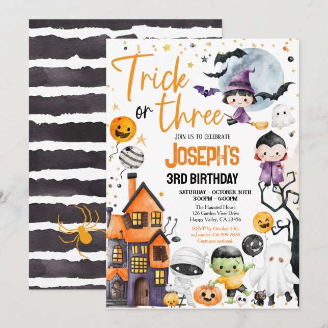 Trick eller Three Halloween 3rd Birthday Party Cut Inbjudningar (Fram/baksida)