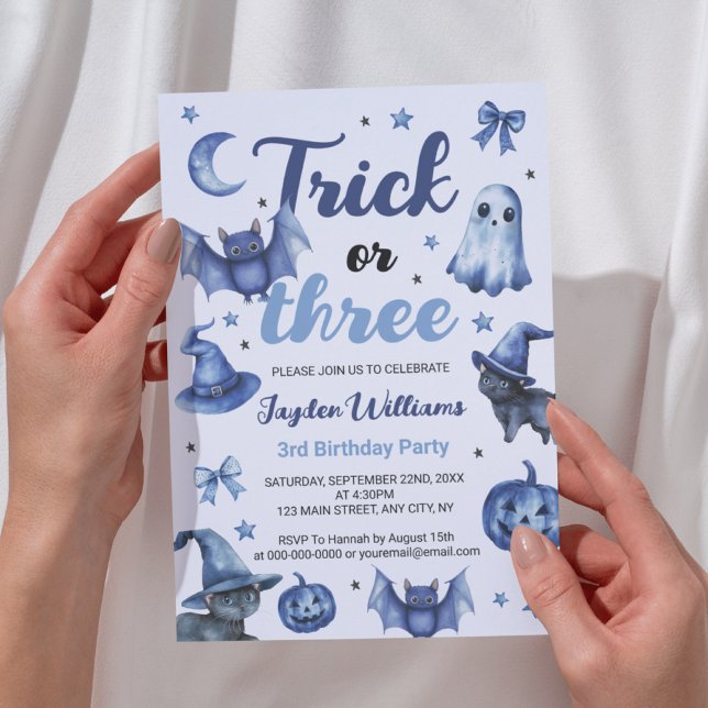 Trick eller tre blå halloween-barn 3:e födelsedage inbjudningar (Trick Or Three Blue Halloween Kids 3rd Birthday Invitation
)
