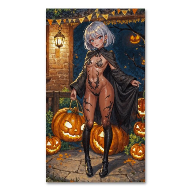 Trick eller Treat, Modig Halloween Costume Girl Magnetiska Visitkort (Framsida vertikal)