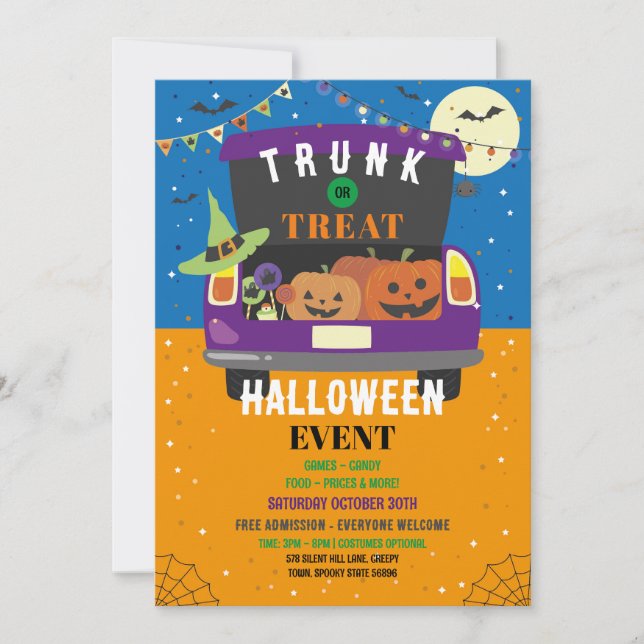 Trick eller Trunk Event Halloween Car Party Inbjudningar (Framsida)