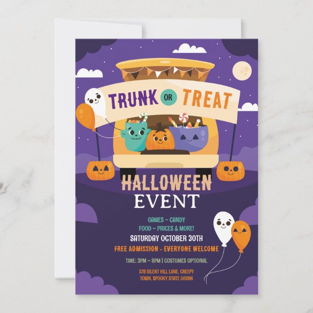 Trick eller Trunk Event Halloween Car Party Inbjudningar (Framsida)