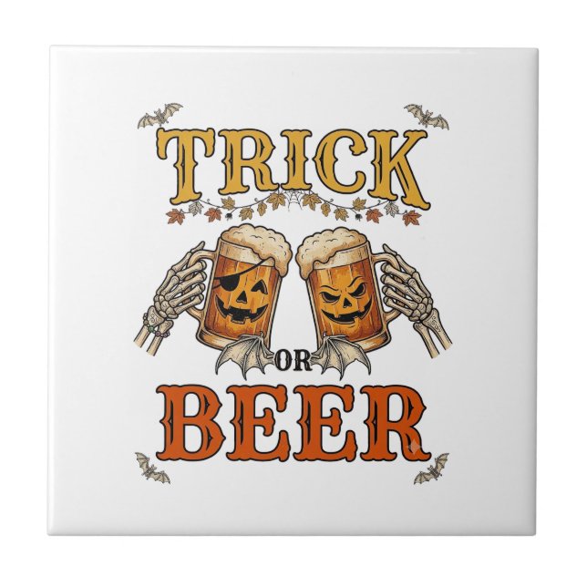 Trick Or Beer Halloween Pumpa Mugg Skelett Händer Kakelplatta (Framsidan)