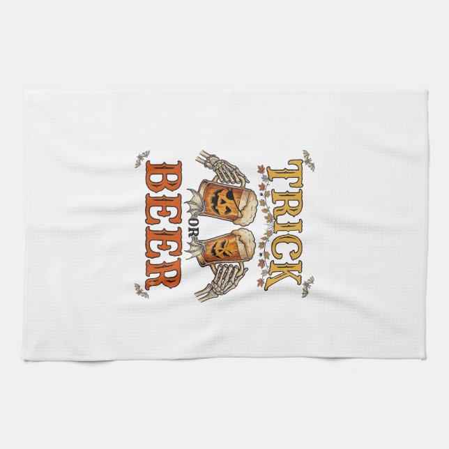 Trick Or Beer Halloween Pumpa Mugg Skelett Händer Kökshandduk (Horisontell)