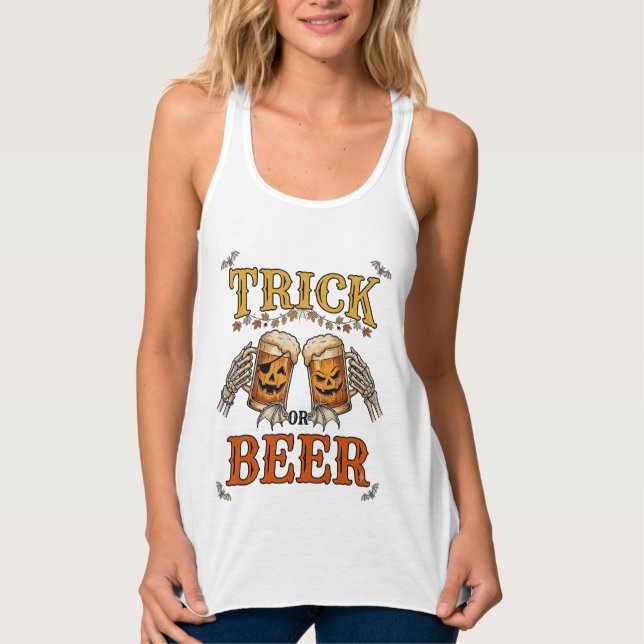 Trick Or Beer Halloween Pumpa Mugg Skelett Händer Linne Med Racerback (Framsida)