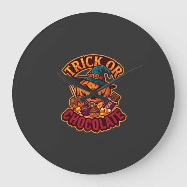 Trick Or Chocolate Halloween Pumpa Häxhatt Burk Stor Klocka (Framsida)