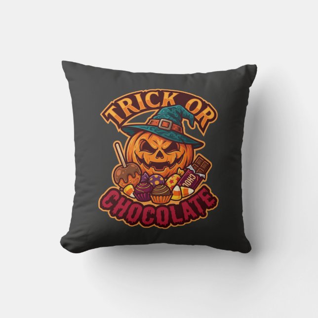 Trick Or Choklad Halloween Pumpa Häxhatt Kan Kudde (Framsida)