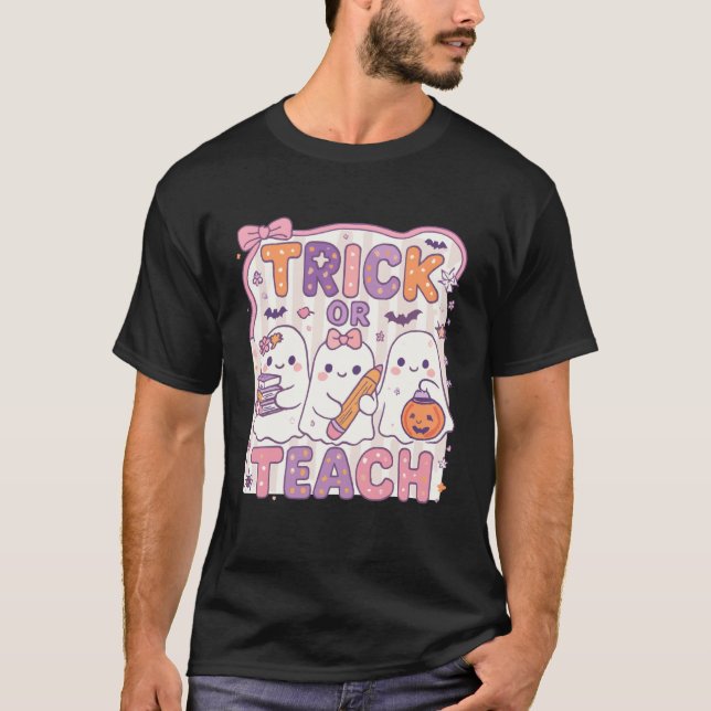Trick or Teach Retro Halloween Lärar Utseende T Shirt (Framsida)