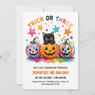 Trick or Three 3-års födelsedags Halloweenfest Kat Inbjudningar