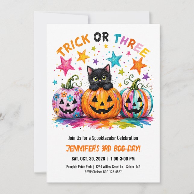 Trick or Three 3-års födelsedags Halloweenfest Kat Inbjudningar (Framsida)