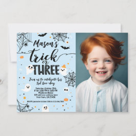Trick or Three Blue Halloween Cute Ghost Inbjudningar