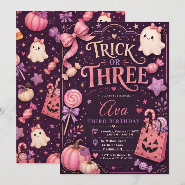 Trick or Three Födelsedagsinbjudan Inbjudningar (Fram/baksida)