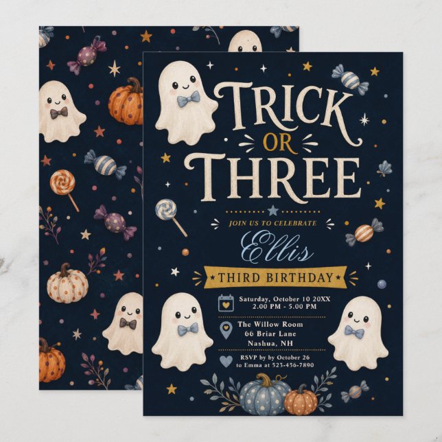 Trick or Three Födelsedagsinbjudan Inbjudningar (Fram/baksida)