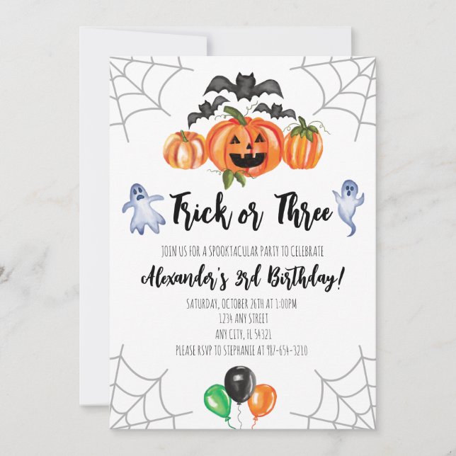 Trick or Three Halloween 3-års födelsedagsinbjudan Inbjudningar (Framsida)
